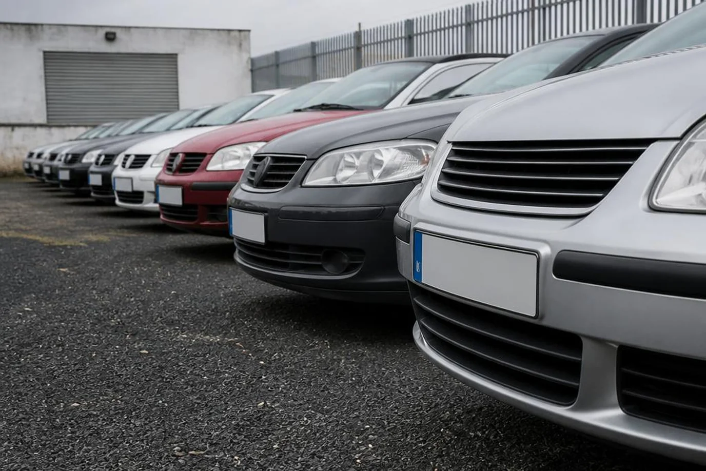 Площадка по продаже подержанных автомобилей в Испании: ряд машин на асфальте вдоль ограды